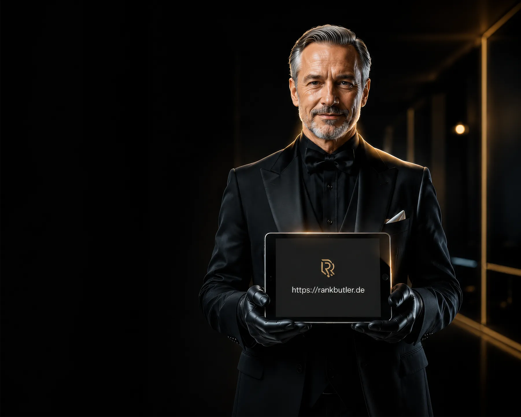 Butler im schwarzen Anzug hält ein Tablet mit dem goldenen RankButler-Signet